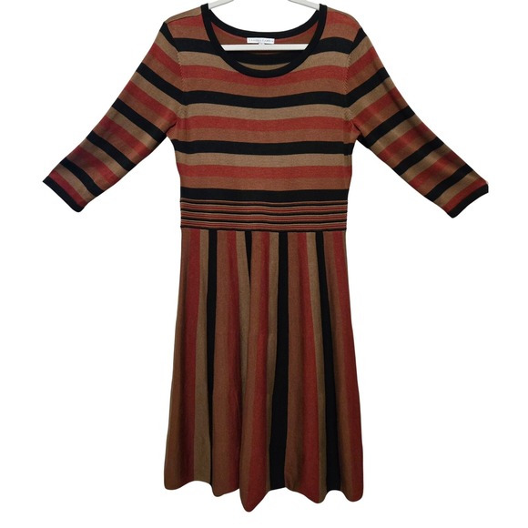 Sandra Darren Dresses & Skirts - Sandra Darren, Women's Striped Knit, Fit and Flare Dress, Rust, Black, Tan, Sz L